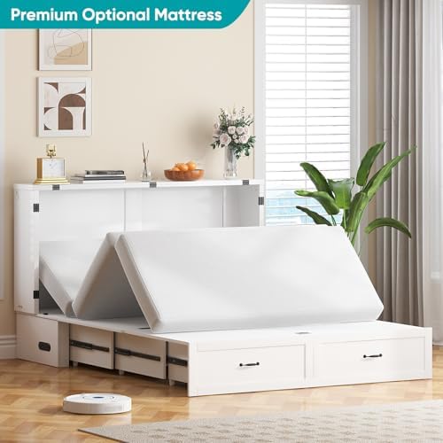 BALUS Queen Murphy Cabinet Bed with Drawers and Tri-Fold Mattress, White
