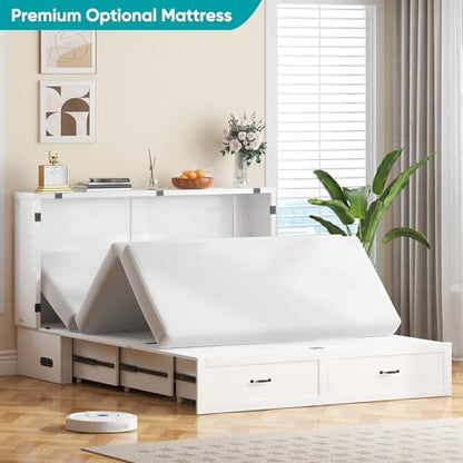 BALUS Queen Murphy Cabinet Bed with Drawers and Tri-Fold Mattress, White