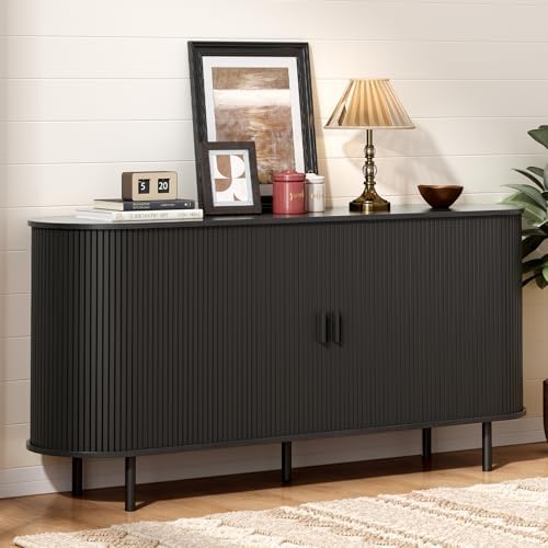 ONBRILL 63" Sideboard Buffet Cabinet, Sliding Door/Adjustable Shelf, Black