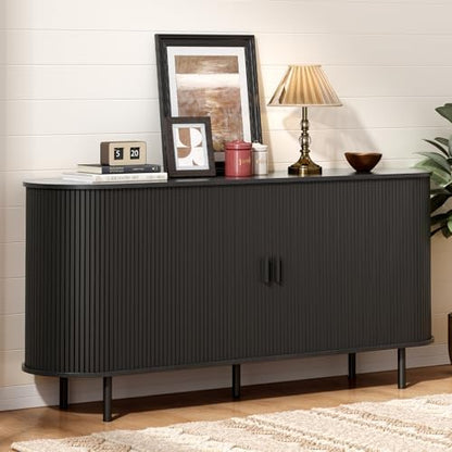 ONBRILL 63" Sideboard Buffet Cabinet, Sliding Door/Adjustable Shelf, Black