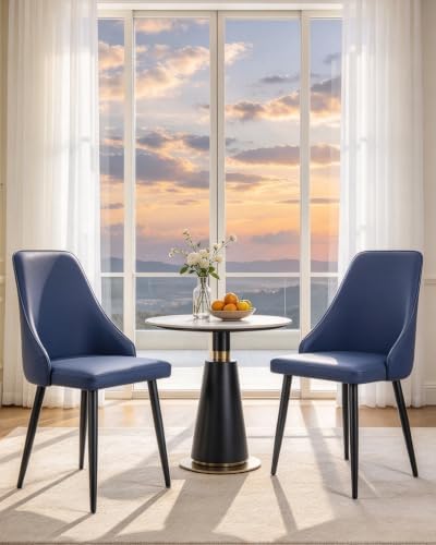 Blue Leather High Back Dining Chairs, Set of 2