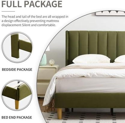 YUHUASHI Full Bed Frame，Platform Bed with Upholstered Headboard，Grass Green