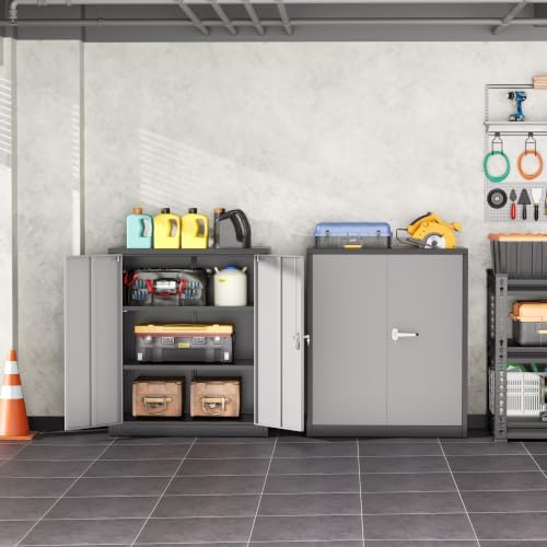 Metal Garage Storage Cabinet, 36" Lockable Storage Cabinet with 2 Doors and 2 Adjustable Shelves, Steel Grey White File Cabinet Great for Home Office, Garage, Warehouse, Study Room