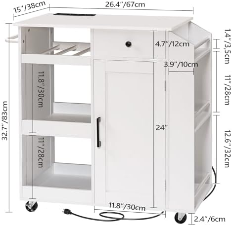 MAHANCRIS Kitchen Island with Power Outlet, Kitchen Storage Island with Drawer, Rolling Kitchen Cart on Wheels, Spice Rack, Towel Rack, Wine Rack, for Dining Room, White KIWT122E01