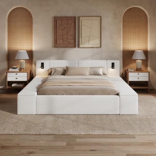 Merax Bouclé Upholstered Platform Bed with Headboard, Hidden Storage,White