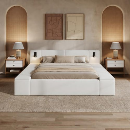 Merax Bouclé Upholstered Platform Bed with Headboard, Hidden Storage,White