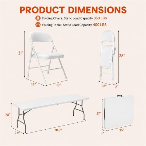 6FT White Plastic Folding Table Set with 6 White PU Padded Chairs