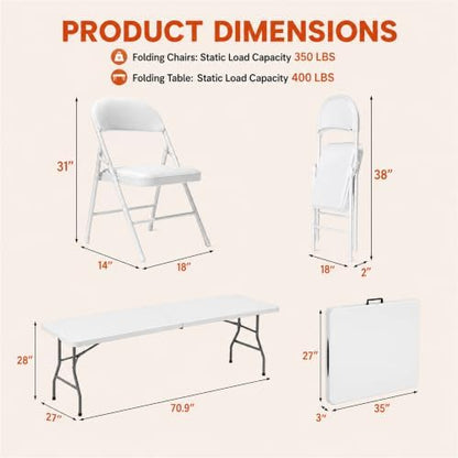 6FT White Plastic Folding Table Set with 6 White PU Padded Chairs