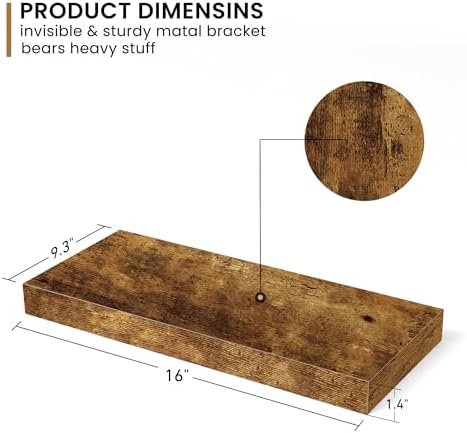 Deep Floating Shelves - 16" W x 9.3" D x 1.6" H Rustic Brown Wall Shelf - Wall Mounted Shelves for Decor & Storage - Wooden Shelves with Invisible Brackets for Living Room, Kitchen - Set of 2
