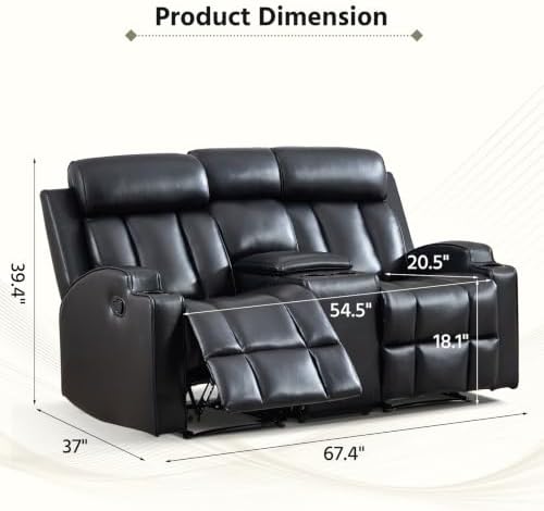 HAOMARKETS Premium PU Leather Manual Loveseat Recliner Sofa with Center Console, Overstuffed 2-Seater Reclining Couch with Hidden Storage & Cup Holders, Dual Recliner for Living Room, Black