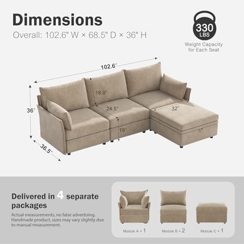 ABCASA 102.6" L Shaped Modular Sectional Couch with Washable Chenille Cover, 4 Seater Deep Seat Sofa with Storage Ottoman & Reversible Chaise for Living Room, Pet-Friendly, Beige