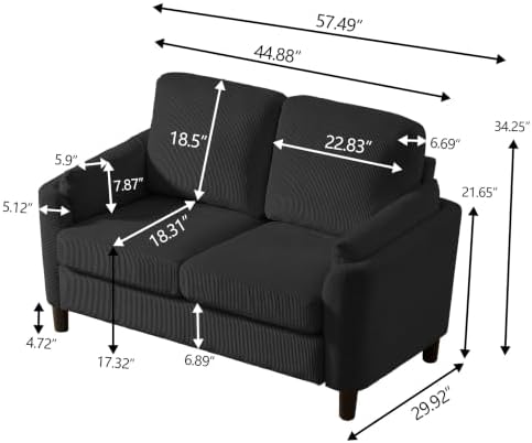 59" Small Loveseat Sofa, Mid Century Modern Love Seat with Back Cushions, 2-Seater Couch Sofa for Lving Room, Bedroom and Small Space, Black