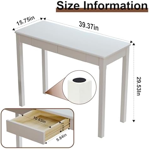 100% Solid Wood Desk with Drawers 39 Inch Small Desk
