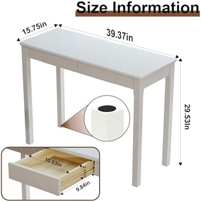 100% Solid Wood Desk with Drawers 39 Inch Small Desk