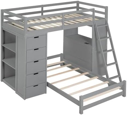 Twin Over Twin Bunk Bed with LED Light and USB Ports, Wood Bunk Bed with Desks, Bookshelves and 5 Drawers for Kids Teens Adults (Gray)