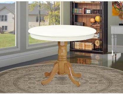 East West Furniture ANT-LOK-TP Antique Mid-Century Modern Dining Table - a Round Dining Table Top with Pedestal Base, 36x36 Inch, Linen White & Oak