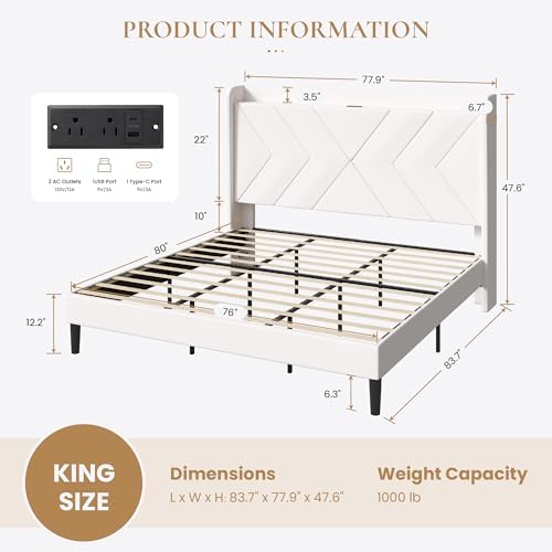 SHA CERLIN King Size Bed Frame, Velvet Upholstered Platform Bed Frame with Wingback Storage Headboard & Charging Station, Geometric Tufted Design, No Box Spring Needed, Easy Assembly, White