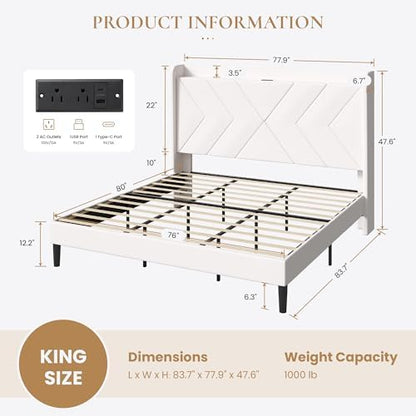 SHA CERLIN King Size Bed Frame, Velvet Upholstered Platform Bed Frame with Wingback Storage Headboard & Charging Station, Geometric Tufted Design, No Box Spring Needed, Easy Assembly, White