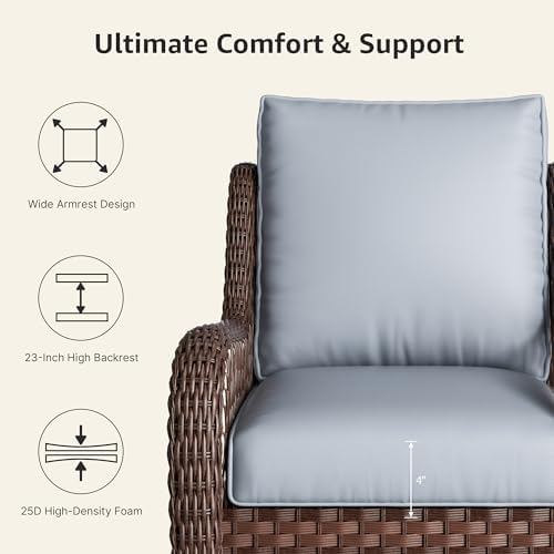 6 Piece Wicker Patio Furniture Set, Rattan Patio Chairs with High Back, Deep Seating, Wide Armrest, Thickened Cushions, Outdoor Furniture for Deck, Porch Use, Dark Grey