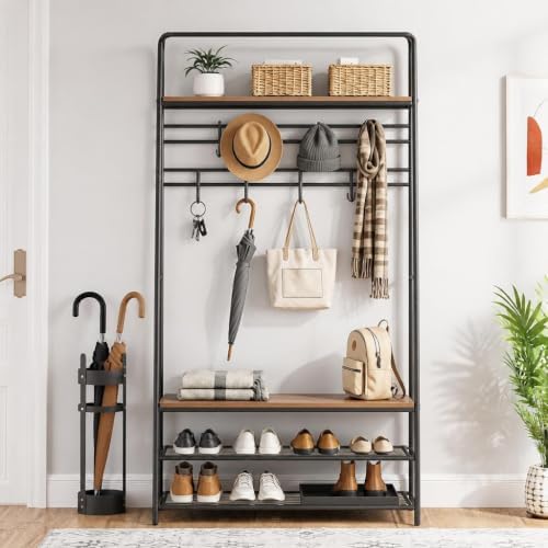 IDEALHOUSE Hall Tree with Bench and Shoe Storage, 4-in-1 Entryway Organizer