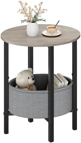 Round Side Table End Table with Storage Basket, Small Side Table Round Nightstand for Small Spaces, Tall Oval End Table with Steel Frame, Coffee Bedside Table for Living Room Bedroom, Greige