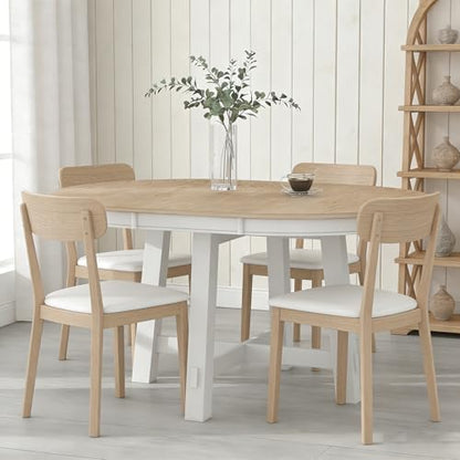 Bellemave 42"-58" Extendable Dining Table for 4-6, Solid Wood Oval Dining Kitchen Table with Removable Leaf, Farmhouse Circle Desk for Kitchen Living Room Space Saving (Natural+White)
