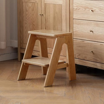 100% Solid Oak Wood 2 Step Stool, Multifunctional 2-Tier End Table Nightstand Plant Stand Dining Makeup Stool for Living Room Bedroom Kitchen