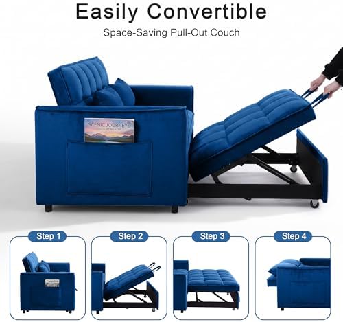 53" Sofa Bed, Velvet 3-in-1 Pull Out Couch & Loveseat Sleeper Sofa, Compact Convertible Folding Couch with Adjustable Backrest for Small Spaces (Blue)