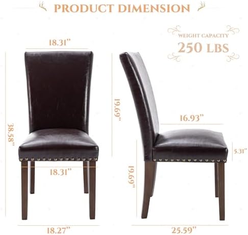 Parsons Dining Chairs Set of 6, Upholstered Nailhead PU Leather Dining Room Kitchen Side Chair with Thick Cushions and Wood Legs, Dark Brown