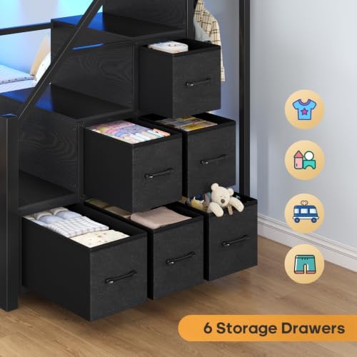 Bunk Bed Twin Over Full with Stairs, Storage Drawers and LED Lights