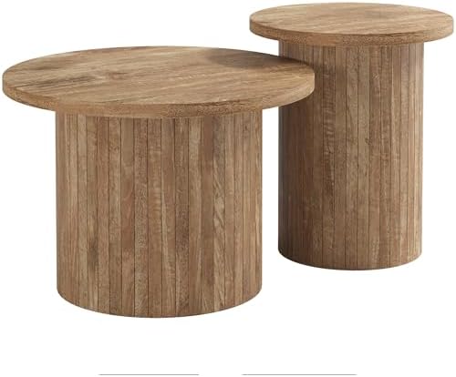AMERLIFE Rustic Nesting Coffee Table Set of 2, Wood Finish Coffee Table Set, Farmhouse Round Sofa Side Tables for Living Room, Small Spaces, Natural Finish