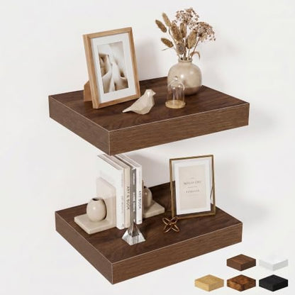 Wood Floating Shelves 16 Inch, 12 Inch Deep Shelves Wall Mount, Wall Shelves with Invisible Bracket, 16" Floating Shelves for Living Room Bathroom Bedroom, Walnut, Set of 2