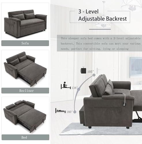 Sofa Bed, Pull Out Couch with Side Pockets, 3 in 1 Velvet Loveseat Sleeper Sofas Beds with USB Ports, Sofa Bed Couch with Adjustable Backrest for Living Room, Bedroom, Apartment, Gray