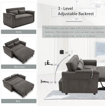 Sofa Bed, Pull Out Couch with Side Pockets, 3 in 1 Velvet Loveseat Sleeper Sofas Beds with USB Ports, Sofa Bed Couch with Adjustable Backrest for Living Room, Bedroom, Apartment, Gray