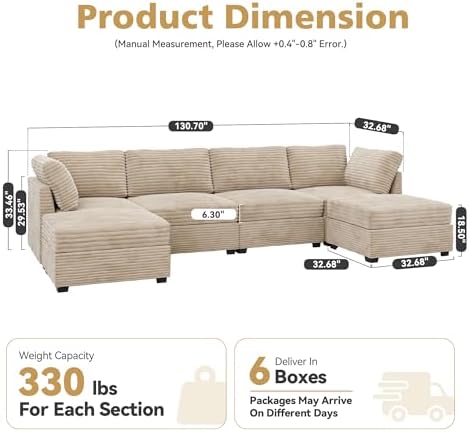 CAODOC 6 Seat Modular Sectional Couch,Corduroy,Convertible U/L-Shaped,Beige