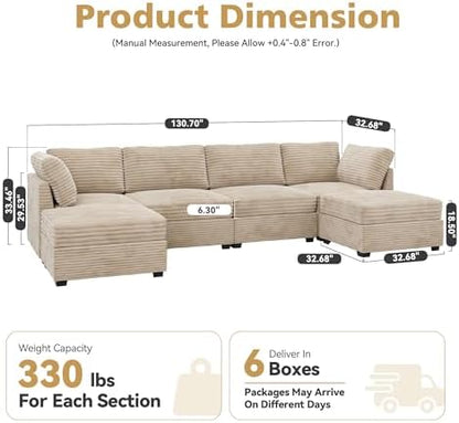 CAODOC 6 Seat Modular Sectional Couch,Corduroy,Convertible U/L-Shaped,Beige