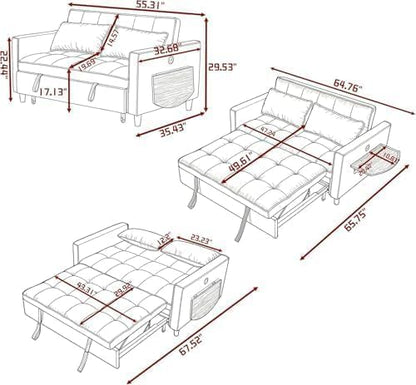 4 in 1 Convertible Sofa Bed, Pull Out Couch with Adjustable Backrest, Loveseat Sleeper Sofa Bed with USB Ports and Side Table, Couch Beds for Living Room, Bedroom, Apartment, Gray