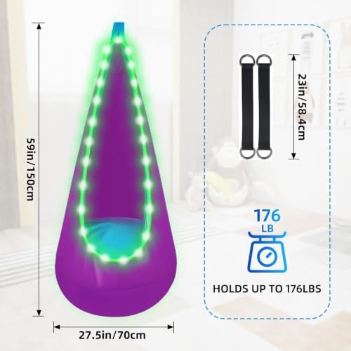 Light Up Kids Pod Swing, Indoor Outdoor Hammock Seat w/ LED Lights, Purple