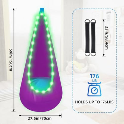 Light Up Kids Pod Swing, Indoor Outdoor Hammock Seat w/ LED Lights, Purple