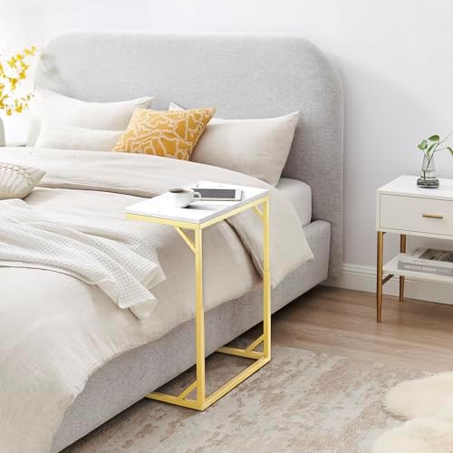C-Shaped End Table, Small Sofa Table with Metal Frame, Adjustable Height Side Table for Couch, Living Room, Bedroom, Bedside (Gold, Medium)