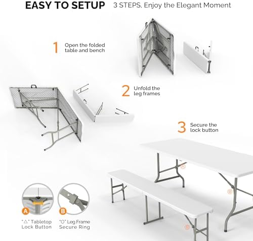 VINGLI Picnic Table Set with 2 Benches, 6 Feet Camping Table Chair Set,3-Piece Folding Furniture for Indoor or Outdoor Use, Smooth Tabletop, White