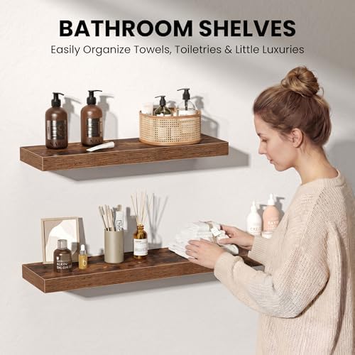 32" Floating Shelves for Wall, Set of 3, 8" Deep, 1.5" Thick, Brown