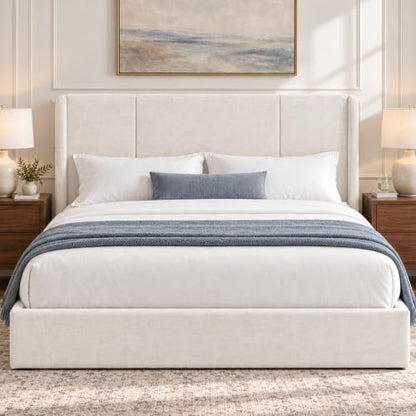 VELOCAVA Queen Lift-Up Storage Bed with Wingback Headboard, Cream White