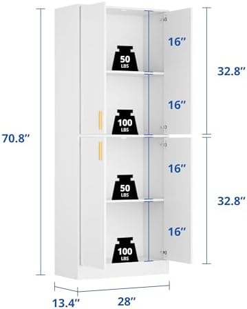 Cozy Castle Kitchen Pantry Cabinet, 71" Tall Wood Storage Cabinet with Doors and Shelves 4 Doors Freestanding Cupboard for Dining Room Living Room Furniture, White