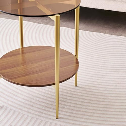 D18in Round Glass End Table, Mid-Century Modern Design Side Table for Living Room, D18xH23inch, Amber Glass and Walnut MDF Wood, Conical Legs with Gold Finish Frame
