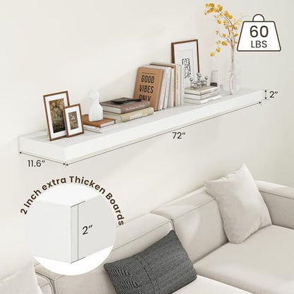 FLYJOE 72 Inch Floating Shelf, 12'' Deep White Shelves for Wall Set of 1