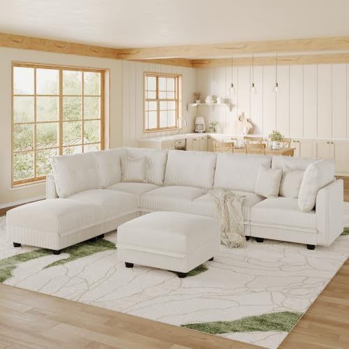 LLappuil Modular Sectional Sofa with Storage, U-Shaped 7-Seat Corduroy Couch with 7 Throw Pillows, Pet-Friendly Convertible Sofa for Living Room & Apartment, Skin-Friendly, Beige