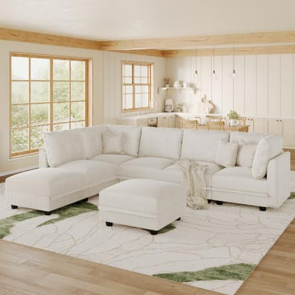 LLappuil Modular Sectional Sofa with Storage, U-Shaped 7-Seat Corduroy Couch with 7 Throw Pillows, Pet-Friendly Convertible Sofa for Living Room & Apartment, Skin-Friendly, Beige