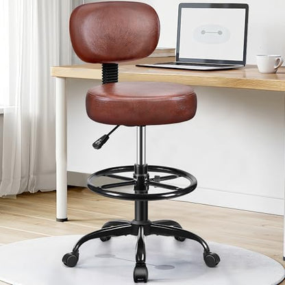 Drafting Chair with Backrest – Adjustable Foot Rest Rolling Stool with Wheels, PU Leather Swivel Stool for Office Spa Studio Lab Counter Salon Home Work Bar Kitchen Shop(Ember Brown)