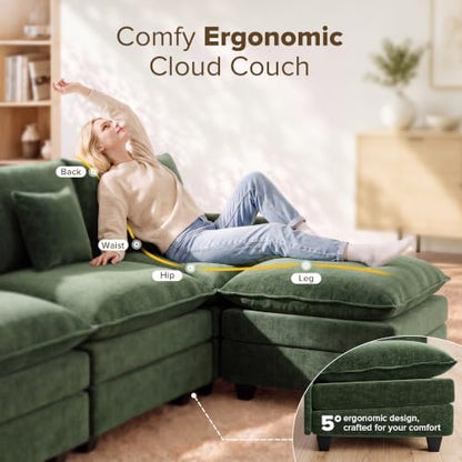 74 Inch Cloud Couch Sectional, Modular Sectional Sofa with 2 Ottoman, Green